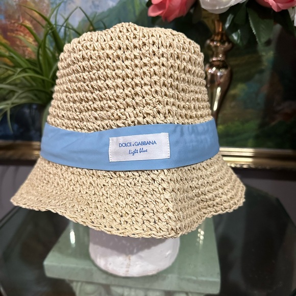 Dolce & Gabbana Beige Straw Hat with Light Blue Band